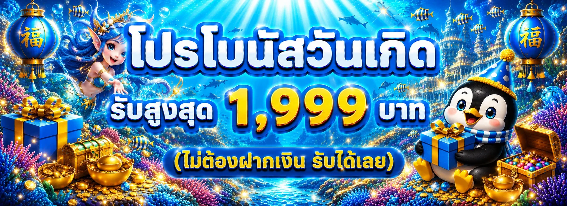 แบนเนอร์ NEWFOMO444 โปรโมชั่นสมาชิกใหม่โทนน้ำเงินทอง